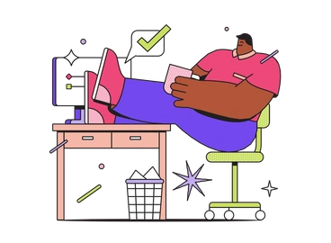 A person relaxing at a desk with a computer - Dazzle style illustration