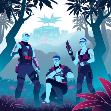 A team of three mercenaries, all equipped with advanced body armor and tactical gear, is infiltrating a dense alien jungle filled with towering bioluminescent plants. The leader, a tall figure with a cybernetic arm, gestures for silence while scanning the surroundings with a high-tech visor. The second mercenary, a muscular individual with a shaved head and a prominent tattoo on his arm, is crouched behind a large, twisted tree, clutching a futuristic weapon. The third member, a woman with short, spiky hair and a utility belt full of gadgets, is using a drone to gather intel from above. In the background, a distant outline of a heavily fortified compound is visible, shrouded in mist and guarded by robotic sentries. The atmosphere is tense, highlighting the urgency of their daring rescue mission.