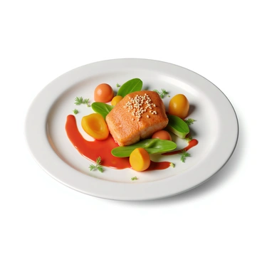 A plate of uniquely presented food at a gourmet restaurant, showcasing vibrant colors and artistic plating.