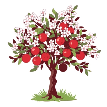 A red apple tree in full bloom stands prominently in the center of the image. Its sturdy branches are adorned with vibrant white blossoms, creating a striking contrast. Among the blossoms, clusters of plump, shiny red apples hang heavily, showcasing their ripeness. The lush green leaves surround the branches, adding depth to the scene. Soft sunlight filters through the foliage, illuminating the apples and flowers, enhancing their colors.