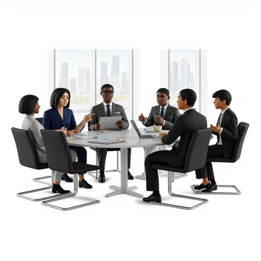 A group of five professionals engaged in a discussion around a large conference table in a modern office setting. The first professional is a Caucasian woman in a tailored navy suit with short hair, pointing at a document in front of her. The second is an African American man in a gray suit, leaning forward with a thoughtful expression. The third is a Hispanic woman wearing a black blazer, taking notes on a tablet. The fourth is a South Asian man dressed in a white shirt and dark tie, listening intently. The fifth is a Middle-Eastern woman with long hair, wearing a stylish blouse, holding a pen and looking at the document. The conference table is made of glass, and the walls of the office have large windows with city views. Various documents and a laptop are spread across the table.