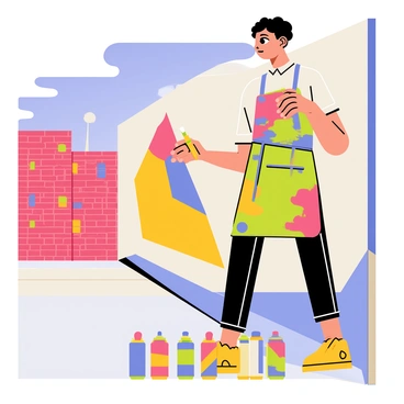 A street artist wearing a colorful paint-splattered apron stands in front of a large, vibrant mural. The artist has their face turned towards the wall, focused on their work. They hold a paintbrush in one hand, and an array of spray cans in assorted colors is scattered at their feet. The mural features bold geometric shapes and bright colors, drawing attention to the artist's dedication. In the background, the urban environment includes brick buildings and a clear blue sky.