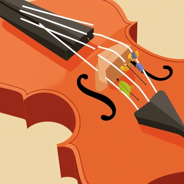 A close-up view of a wooden violin with a polished finish, showcasing its intricate details and curves. The body of the violin is rich brown, highlighting its craftsmanship. Instead of traditional strings, several delicate insect legs are stretched across the violin's neck and body, mimicking the appearance and tension of violin strings. The insect legs vary in color and texture, some shiny and others matte, creating a striking visual contrast against the smooth wood. The background is softly blurred, allowing the focus to remain on the unique combination of the violin and the insect legs.