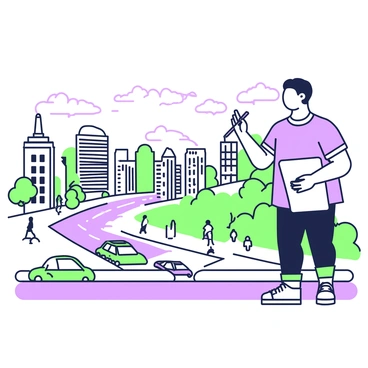 An artist is standing on a rooftop, sketching a lively cityscape in front of him. He has a sketch pad placed on his lap and is holding a pencil in his right hand, focused on capturing the details before him. Below, the city is bustling with activity; cars are moving along the streets, and people are walking on the sidewalks. Tall buildings with various architectural styles fill the skyline, and there are trees peeking out between the structures. In the distance, a river can be seen winding through the city, reflecting the sunlight. The sky above is clear, with a few wispy clouds floating by.