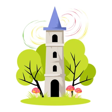 A tall, narrow wizard tower made of gray stone is partially obscured by swirling, colorful magical mist. The tower has arched windows and a tall, pointed roof that pierces the mist above. Surrounding the tower, dense green trees with broad leaves create a thick forest canopy. Dappled sunlight filters through the leaves, casting patches of light on the forest floor, which is covered in lush grass and vibrant mushrooms. The mist swirls around the base of the tower, giving it an air of mystery and enchantment.