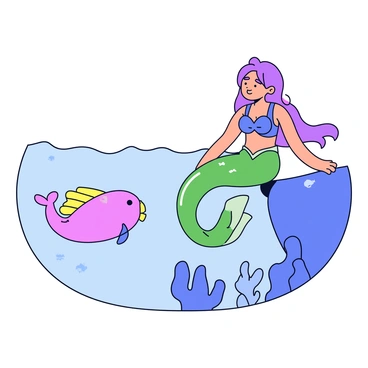 A mermaid with long flowing hair is sitting on a rocky ledge. She has a shimmering green tail that reflects light in various shades. Next to her, an anglerfish is swimming close to the surface of the water, illuminated by the bioluminescent lure protruding from its head. The water around them is clear, allowing a view of coral and small fish in the background. The atmosphere is tranquil as the mermaid gazes curiously at the anglerfish.
