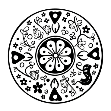 A circular mandala design featuring intricate patterns and shapes. Scattered throughout the mandala are tiny magical creatures, including fairies with delicate wings, and unicorns prancing among the swirling lines. Other whimsical elements include stars and flowers interspersed within the design, creating a sense of enchantment. The overall composition is detailed and symmetrical, with each section contributing to the playful nature of the mandala.