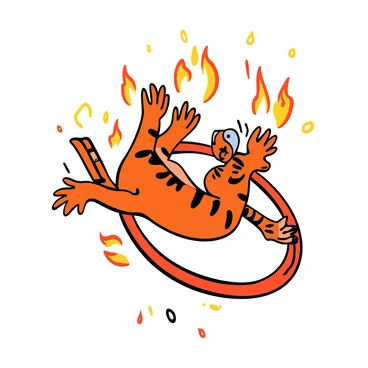 A large, majestic tiger with bold orange fur and distinctive black stripes is leaping through a flaming hoop. The tiger's powerful muscles are visibly tensed as it soars through the air, showing off its agility. Bright orange and yellow flames are dancing around the hoop, creating a dramatic contrast with the tiger's fur. The background is filled with a faint glow from the fire, emphasizing the intensity of the moment. The tiger's eyes are focused and determined as it executes the jump perfectly.