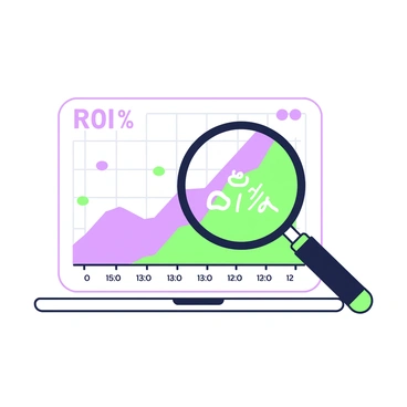 A magnifying glass is positioned above a chart that displays rising ROI percentages. The chart features a grid layout with clearly marked axes. The line representing the ROI percentages is bold and distinct, ascending from the lower left to the upper right corner. The magnifying glass enhances the section of the chart where the percentages are highest, drawing attention to the specific data points. In the background, the chart is printed on a flat surface, and there are small notations and markers indicating different time intervals along the horizontal axis.