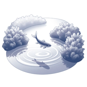 A small minnow gliding gracefully through a winding river. The water ripples around its sleek body, reflecting light as it moves. Surrounding the river are dense patches of lush greenery, with various plants and leaves creating a rich texture along the banks. The scene captures the fluid motion of the fish and the vibrant life of the river environment.