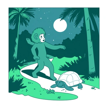 A teal monkey and a white turtle are walking side by side on a winding path illuminated by moonlight. Tall, lush jungle trees surround them, with their leaves casting intricate shadows on the ground. The monkey is swinging its arms playfully while the turtle moves slowly, leaving small impressions in the soft earth. The soft glow from the moonlight highlights the vibrant greens of the jungle foliage and the glistening details of the monkey's fur and turtle's shell. Above, the night sky is filled with twinkling stars, adding a magical feel to the scene.