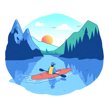 A person in an orange kayak is paddling on a blue lake that reflects the sky. The person is wearing a yellow life jacket and a blue hat. Surrounding the lake are towering mountains covered with green trees and rocky cliffs. The sun is setting, casting a warm glow over the landscape. A few wispy clouds are present in the sky above, and the water shows gentle ripples from the paddling motion.