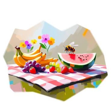 A busy bee with black and yellow stripes is hovering above a picnic spread. The picnic blanket is checkered in red and white, laid out on a grassy area. Scattered across the blanket are various fruits, including a bunch of ripe bananas, juicy red strawberries, a sliced watermelon revealing its pink interior, and a cluster of plump grapes. The bee is closely inspecting a slice of watermelon, its wings catching the sunlight, and in the background, a few colorful flowers add to the vibrant outdoor setting.