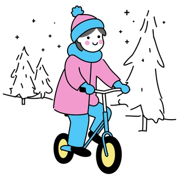 A child bundled in colorful winter clothes, including a bright red coat, blue mittens, and a cozy hat, is riding a balance bike. The bike is blue with yellow wheels and is navigating through a snowy path surrounded by white snowflakes gently falling. The child's cheeks are rosy from the cold, and they are smiling as they pedal along the path lined with snow-covered trees. Snow is accumulating on the ground, creating a fluffy white blanket.