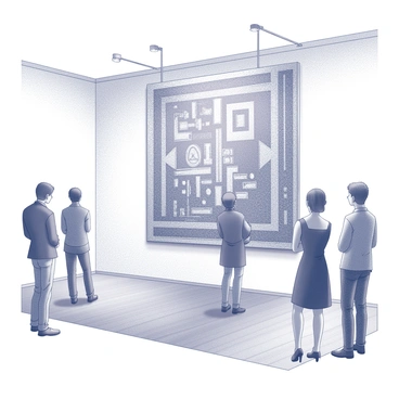 An art gallery featuring a woven foulard fabric installation. The fabric is intricately woven with various patterns and textures, displayed as a hanging piece that drapes elegantly. The setting includes polished wooden floors and white walls, allowing the fabric to stand out. Soft lighting illuminates the piece, highlighting its details and creating subtle shadows. Visitors can be seen admiring the installation, standing at a respectful distance while observing its artistry and craftsmanship.