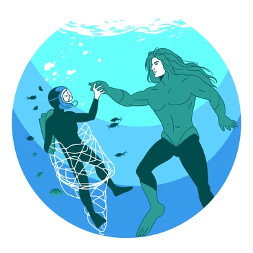 A teal Aquaman with long flowing hair is underwater, reaching out to a diver who is trapped in an entangled white fishing net. The diver, wearing a black wetsuit and a clear diving mask, looks relieved as Aquaman extends his hand toward them. Surrounding them are various fish swimming in the deep blue sea, and the sunlight filters through the water's surface, creating a beautiful shimmering effect. The net is tangled around the diver's legs, and Aquaman's expression shows determination as he prepares to help free them.