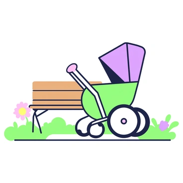 A doll stroller with small wheels is parked next to a park bench. The stroller features a purple canopy and a green seat. The wheels are turned slightly to the side, showcasing the axles. The park bench is made of wood with a curved backrest, situated on a pathway. Grass surrounds the bench, and a few colorful flowers are visible nearby. The scene is bright, suggesting a sunny day, enhancing the playful atmosphere of the park.