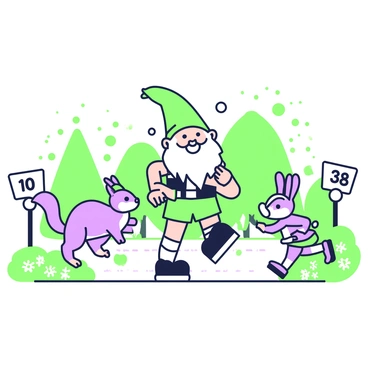 A garden gnome is dressed in bright running attire, with a cheerful expression on his face as he participates in a marathon. He is positioned in the center of a lively scene, surrounded by various woodland creatures. To his left, a squirrel is wearing a tiny headband and has a determined look while sprinting alongside him. To his right, a rabbit bounds energetically, its ears flopping in motion. In the background, a vibrant forest setting is visible with trees lining the path, and a mix of flowers blooming along the sidelines. Small signs mark the distance milestones on the route. The atmosphere is filled with excitement and camaraderie among the participants as they race together.