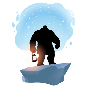 A large figure stands on a rocky outcrop, silhouetted against a starry sky filled with countless twinkling stars. The figure is Beorn, depicted as a strong and sturdy man with broad shoulders. He holds a lantern in one hand, which casts a warm glow, illuminating the surrounding rocks. The light from the lantern creates a soft contrast with the dark night sky, highlighting the edges of Beorn’s form. The scene conveys a sense of vigilance and solitude as he gazes into the distance, with the vast cosmos shimmering above him.