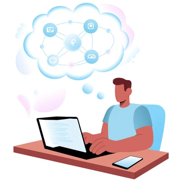 A developer is seated at a wooden desk, focused on a laptop displaying lines of code. The developer is wearing a casual t-shirt and has hands positioned on the keyboard. Surrounding the desk are various tech gadgets, including a smartphone and a notepad. Above the developer, a large thought bubble contains visual representations of webhook connections, illustrated as lines connecting icons of various applications. Each application icon is distinct and recognizable, indicating their purpose and functionality. The background features soft gradient pastel colors to enhance the overall visual appeal.