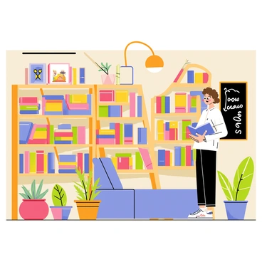 A cozy independent bookstore with wooden shelves filled with colorful books. A patron with curly brown hair is browsing through the aisles, holding a blue book in one hand. The warm light from a hanging lamp illuminates the space. There are plants in decorative pots placed near the shelves, adding a touch of greenery. A small reading nook with a comfy chair is visible in the corner. The walls are adorned with framed artwork and a chalkboard sign displays "New Arrivals" in playful lettering.