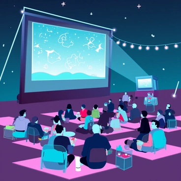 An outdoor cinema setup with a large crowd of people sitting on colorful blankets and folding chairs. The crowd includes men, women, and children of various ages, all focused on a giant screen displaying a movie. Above them, a clear night sky filled with bright stars illuminates the scene. Soft lighting from string lights hangs nearby, adding a warm glow to the area. Some attendees are holding popcorn and drinks, while others are engaged in conversation. A projector is located at the back, casting the film onto the screen, creating an atmosphere of excitement and enjoyment.
