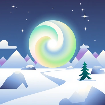 A large celestial portal is positioned in the center of the image, radiating a vibrant glow that reflects the colors of the northern lights, including shades of green, purple, and blue. The portal has a swirling, ethereal design, with luminous edges that draw the eye toward its center. Surrounding the portal is a stark arctic landscape, covered in a blanket of pure white snow. Jagged ice formations and snow-capped mountains provide texture to the foreground, and the sky above is a deep indigo, dotted with twinkling stars. In the distance, the silhouette of a lone pine tree can be seen against the vastness of the snow-covered terrain.