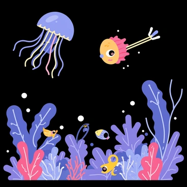 A dark ocean scene featuring a variety of strange and colorful deep-sea creatures. Bioluminescent jellyfish with glowing tentacles float gracefully in the water. A vibrant anglerfish with a bright lure extends from its head, casting a soft light around it. Colorful corals in shades of purple and blue create a vivid underwater landscape. Small fish with shimmering scales dart around, illuminated by the soft glow of the surrounding creatures. Bubbles rise to the surface, adding movement to the tranquil scene.