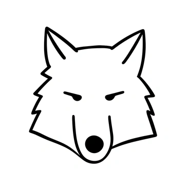 A wolf head depicted with simple, clean lines, showcasing its angular features and pointed ears. The outline is bold and distinct, capturing the essence of the wolf's shape without intricate details. The composition highlights the symmetry of the head and the sharpness of the muzzle, emphasizing a minimalist aesthetic. The background remains plain to enhance the focus on the wolf head itself.