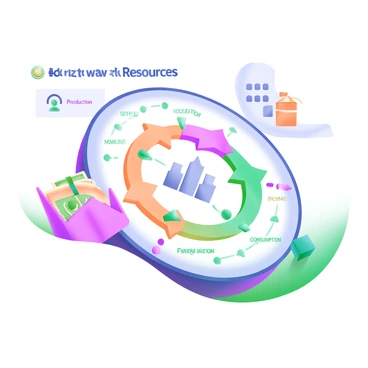 A modern pastel illustration depicting a detailed "Economy Map". The map features a circular diagram showcasing the "Flow of Resources" with arrows clearly indicating the movement of goods, services, and money. Various elements such as factories, households, and markets are represented with icons in soft hues. Feedback mechanisms are illustrated with curved lines connecting these elements, highlighting interactions. Additionally, labels like "Production", "Consumption", and "Income" are integrated into the design, using a gentle font style. The overall layout is organized and visually engaging.