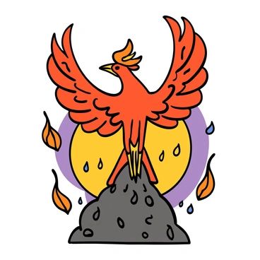 A fiery phoenix with vibrant red and orange feathers is rising majestically from a pile of gray ashes. Its wings are fully extended, showcasing intricate patterns and fiery tips. The phoenix is surrounded by swirling flames that illuminate the sky with brilliant shades of yellow, orange, and red. The background features a gradient sunset, transitioning from deep purple to bright gold, emphasizing the radiant light emitted by the phoenix as it ascends.