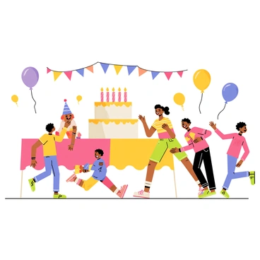 A colorful birthday party scene set outdoors, featuring a large, round birthday cake with bright frosting and candles on a table. The table is decorated with a vibrant tablecloth and surrounded by cheerful children, each with expressions of excitement and joy. Various multicolored balloons float above the scene, some attached to the table and others released into the air. The children are engaged in different games; one is playing with a piñata, while others are running and laughing together. Colorful party decorations, such as streamers and banners, are visible in the background, enhancing the festive atmosphere.