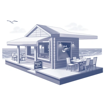 A seaside restaurant with a wooden façade overlooking the ocean. The building includes large windows that provide views of the water and a patio area with tables and chairs. A chalkboard sign outside displays the menu prominently, featuring the special dish: "red snapper." The dish is illustrated with details such as garnishes and presentation style, emphasizing its freshness. Seagulls can be seen in the background, flying over the waves, while the sky shows a hint of clouds.
