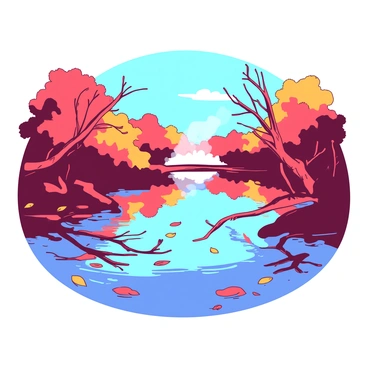A tranquil bog is surrounded by trees with vibrant orange and red leaves. The surface of the water is covered with scattered leaves, creating a beautiful contrast with the clear blue sky above. The reflection of the colorful foliage shimmers on the water's surface. A few bare branches extend over the water, enhancing the autumn atmosphere. In the distance, a mist rises softly from the water, adding a touch of mystery to the scene.