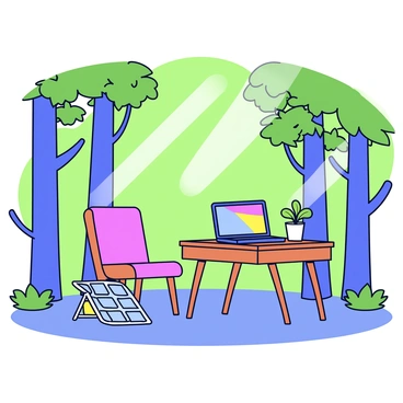 A mobile office setup in the middle of a forest. The scene features a compact desk made of wood, positioned on the forest floor, surrounded by tall green trees. On the desk is a laptop with a colorful screen. A comfortable chair is placed in front of the desk, and a portable solar panel is nearby, providing power. Sunlight filters through the leaves, creating dappled light on the workspace. A small potted plant sits on the desk, adding a touch of life to the setup.