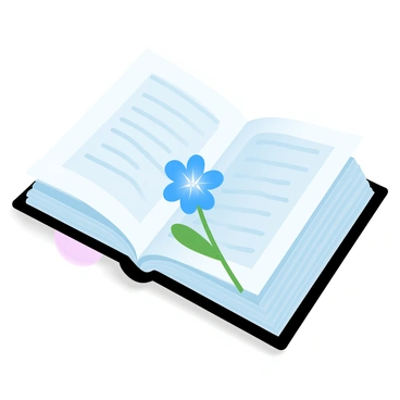 An open book is displayed on a wooden surface, its pages gently fanned out. A pressed cornflower with vibrant blue petals is nestled between the pages, partially visible. The book's cover is textured, and the words on its pages are printed in a delicate font. The cornflower contrasts with the pages, bringing a natural element to the scene. Soft light casts gentle shadows on the surface, highlighting the details of the book and the flower.