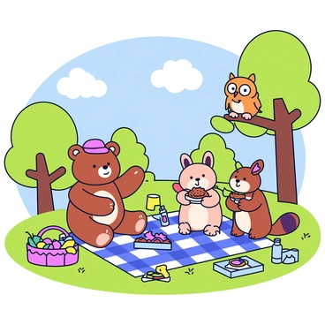 A group of cartoon animals is having a picnic in a colorful park. There is a cheerful bear wearing a red hat, sitting on a checkered picnic blanket. Next to the bear, a playful rabbit is nibbling on a carrot and smiling. A friendly squirrel is holding a sandwich in its paws, while a wise owl is perched on a nearby tree branch, observing the scene. Various picnic items are scattered around, including a basket filled with fruits and a bottle of lemonade. The background features vibrant green trees and a bright blue sky with a few fluffy white clouds.