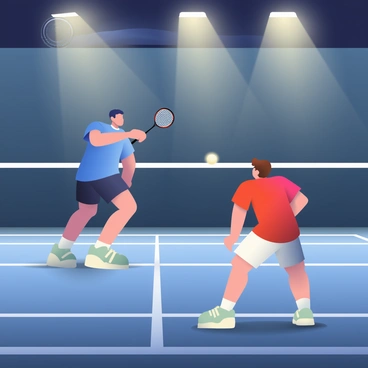 A badminton court is illuminated under the night sky, with bright lights casting a warm glow over the scene. The court lines are clearly visible, marked in white against a dark surface. In the foreground, two players are engaged in an intense match, showcasing their skills. One player, wearing a blue jersey and black shorts, is poised to serve, while the other, in a red shirt and white shorts, is crouched low, ready to receive the shuttlecock. The shuttlecock, glowing softly, is captured mid-air as it travels between them. Bright overhead lights create a dynamic atmosphere, highlighting the players’ focused expressions and athletic movements.