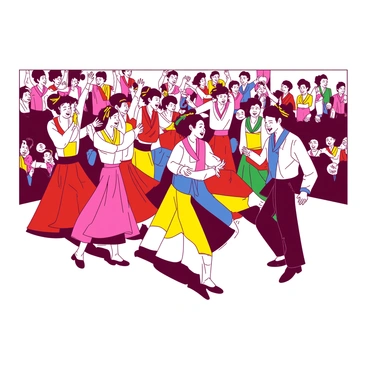 A vibrant scene depicts a lively Korean folk dance performance. The dancers are adorned in colorful costumes featuring intricate patterns and bold hues. Each dancer strikes dynamic poses, showcasing various traditional movements. The stage is filled with energy as the dancers interact with each other, expressing joy through their gestures. The audience, captivated by the performance, can be seen in the background, adding to the atmosphere of celebration.