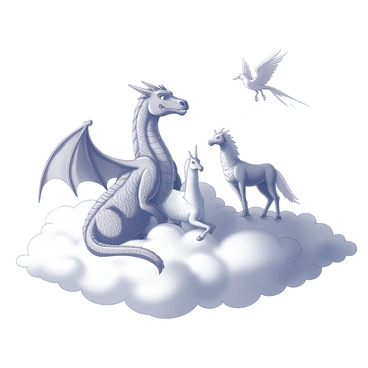 A captivating muster of mythical creatures perched on the clouds