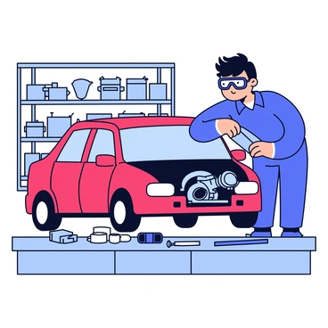 A mechanic wearing a blue jumpsuit and safety goggles is focused on installing a new clutch in a car engine. The mechanic has short black hair and is positioned over an open hood, with various tools spread out on a workbench nearby. The car is a red sedan, and the engine is detailed with visible components, including the clutch assembly. The garage has concrete floors and metal shelves filled with tools and spare parts in the background.