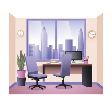 A digital flat illustration of a bank office with a large window that showcases a vibrant city skyline in the background. The office features a modern desk made of dark wood, adorned with a sleek computer and a few neatly stacked documents. There are two comfortable chairs in front of the desk, upholstered in light grey fabric. Potted plants are placed on either side of the window, adding a touch of greenery to the space. The walls are painted in a soft beige tone, and a wall clock is visible, indicating a precise time. Sunlight streams through the window, casting shadows on the polished wooden floor. The city skyline outside includes tall skyscrapers with reflective glass facades under a clear blue sky.