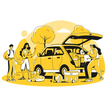 A cheerful family packing their car for a summer road trip adventure