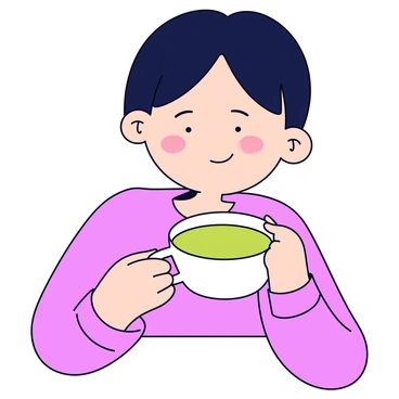 A close-up portrait of a person with soft, relaxed features, smiling as they hold a white ceramic cup filled with creamy matcha. The person has dark hair styled casually, and their eyes are bright with enjoyment. The matcha is a vibrant green color, contrasting with the cup. The background is softly blurred, emphasizing the person's expression and the cup in their hands.