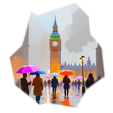 Big Ben under the rain, with umbrellas dotting the street below