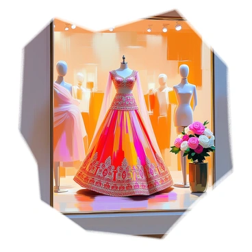 A luxurious lehenga made of rich, intricately embroidered fabric is on display in a high-end boutique window. The lehenga features vibrant colors, including deep crimson and gold accents, creating a stunning visual impact. It is paired with a matching embellished choli and a flowing dupatta that drapes elegantly. The boutique window is adorned with soft lighting that highlights the lehenga's intricate details, casting a warm glow. Surrounding the lehenga are decorative elements, such as elegant mannequins and tasteful floral arrangements, enhancing the overall opulence of the scene.