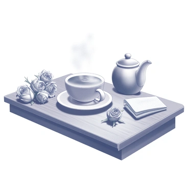 A wooden table set for tea. In the center, there is a steaming cup of tea placed on a delicate saucer. Surrounding the cup are several fresh roses in varying sizes, their petals soft and inviting. The table is complemented by a folded linen napkin beside the cup. A small teapot is positioned nearby, conveying the essence of a cozy tea experience. The overall arrangement is inviting and tranquil, showcasing a moment of relaxation.