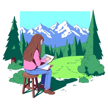 An artist with long brown hair is sitting on a wooden stool, sketching a beautiful landscape outdoors. The artist is focused on their sketchbook, which is resting on their lap. In front of them, there is a vibrant view of majestic mountains in the distance, their peaks capped with white snow. Tall green trees surround the area, creating a natural frame for the scene. The sunlight casts soft shadows on the ground, highlighting the texture of the grass and leaves. The sky above is a clear blue, adding to the tranquil atmosphere.
