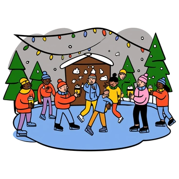 A lively winter festival scene filled with people enjoying various activities. Several individuals of diverse backgrounds are ice skating on a frozen pond, wearing colorful winter clothing such as red and blue jackets, knitted hats, and scarves. In one corner, a group of friends is gathered, each holding a steaming cup of hot cocoa topped with whipped cream and marshmallows. Brightly colored festive decorations, including string lights and garlands, are draped across wooden stalls and trees, adding to the cheerful atmosphere. Snow gently falls from the gray sky, creating a winter wonderland backdrop.