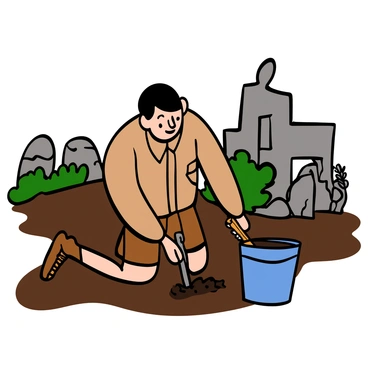 An archaeologist with light skin and short black hair is kneeling on the ground, using a trowel to carefully dig into the soil at a historic site. He is wearing a beige shirt, brown cargo shorts, and sturdy boots. Next to him, there is a blue bucket partially filled with soil samples. In the background, there are remnants of ancient structures, scattered rocks, and overgrown vegetation, hinting at the historical significance of the location. The archaeologist is focused and attentive, showing dedication to his work.
